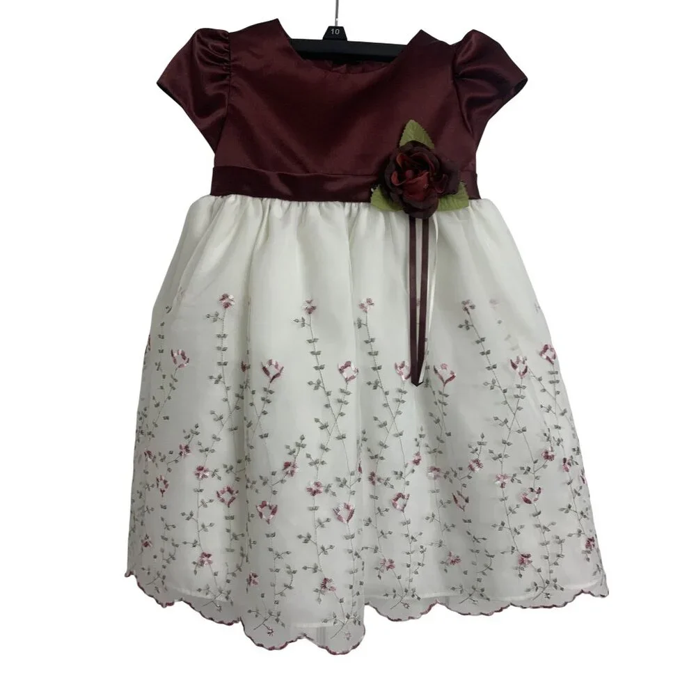 Zue Hermosa Moda Burgundy & White Embroidered Floral Satin Dress 3T